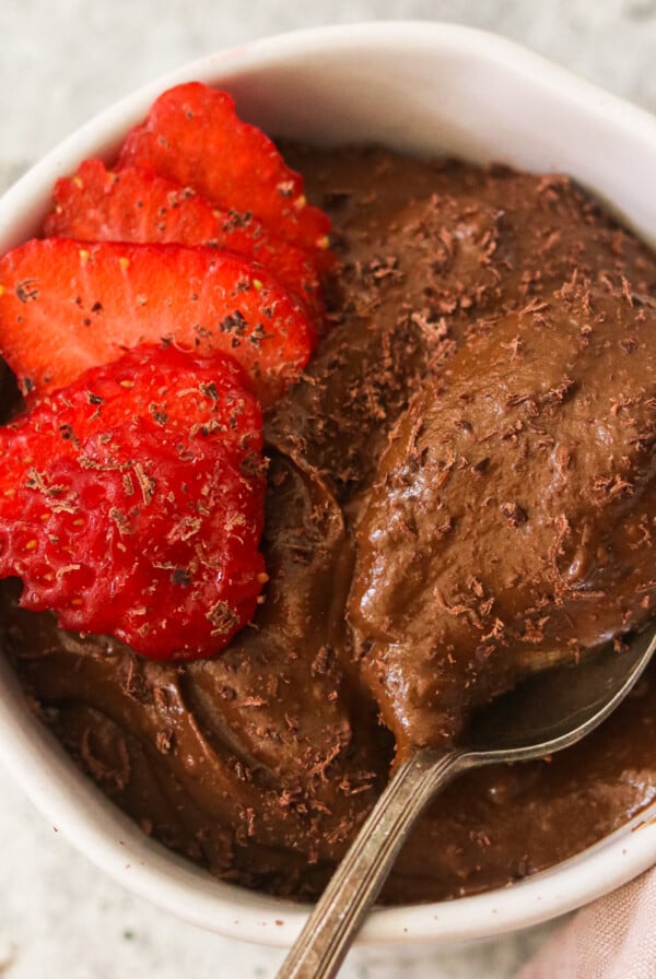 a close up shot of sweet potato avocado chocolate pudding