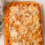 Overhead shot of hidden veggie lasagna in a baking dish fresh out of the oven