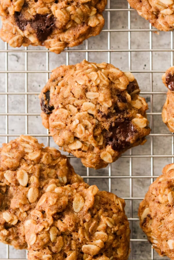 baked vegan oatmeal cookies on a wire cooling rack