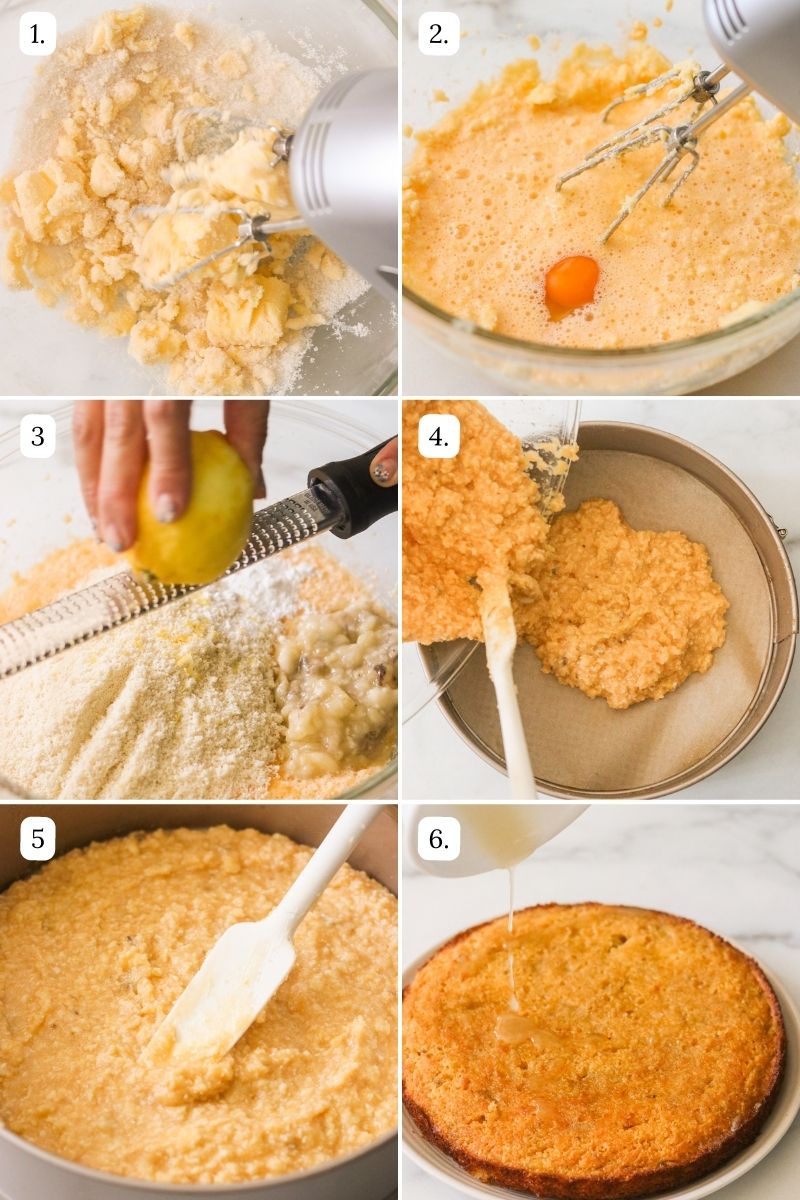 numbered step by step photos showing how to make gluten-free lemon drizzle cake