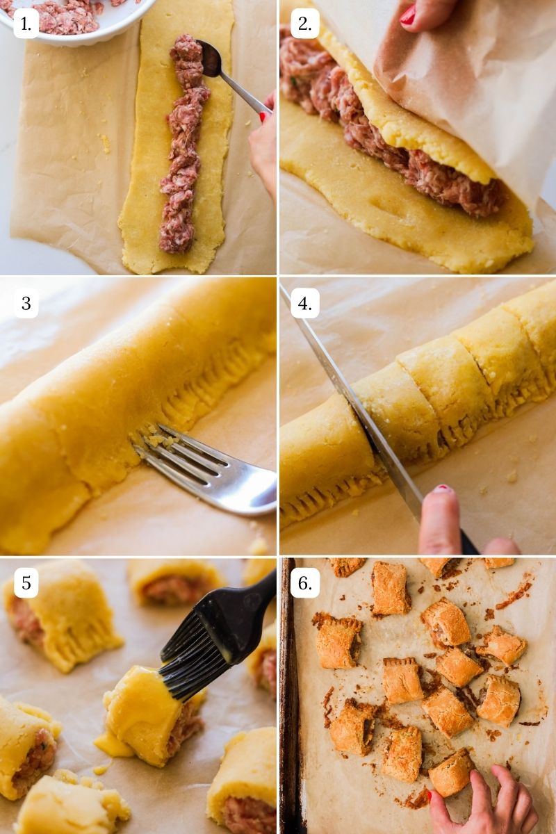 numbered step by step photos showing hpw to make gluten free sausage rolls. 