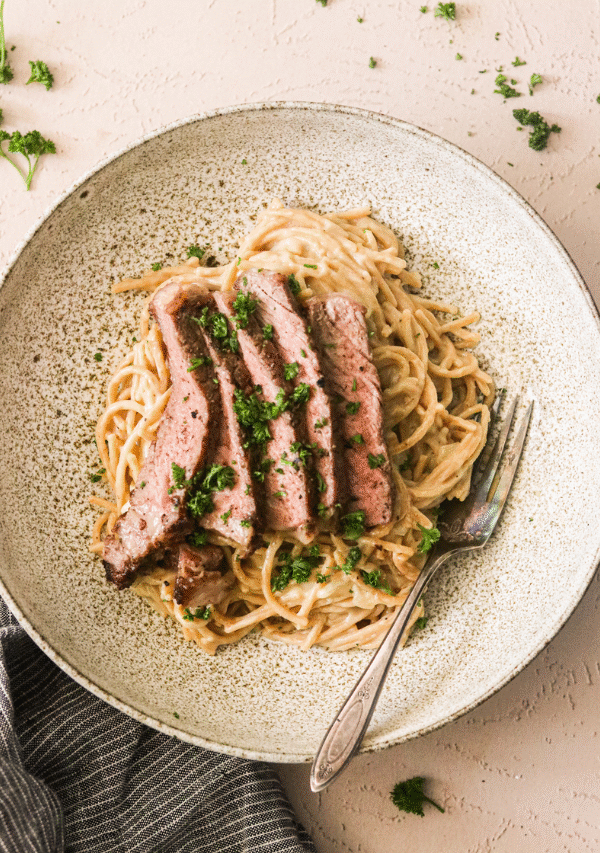 Creamy Steak Pasta with Dairy Free Alfredo Sauce