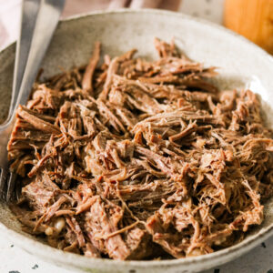 instant pot shredded beef in a bowl with a silver spoon