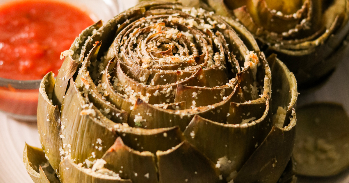 Mozzarella Stuffed Artichokes Dipped in Marinara (Gluten Free) What