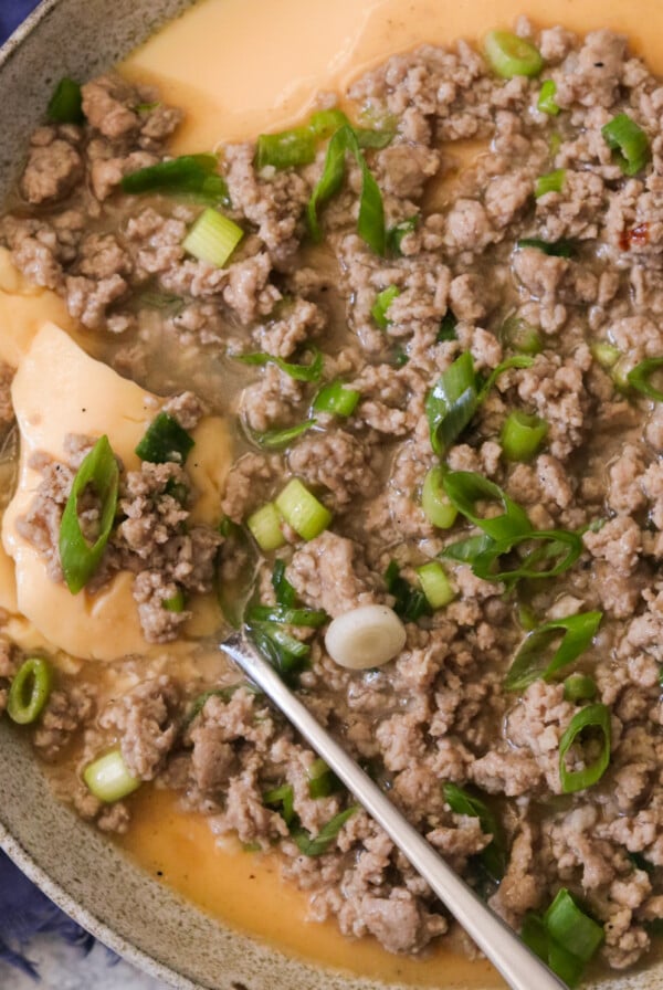 an overhead shot of a bowl filled with Chinese steamed egg and topped with minced pork and green onions.