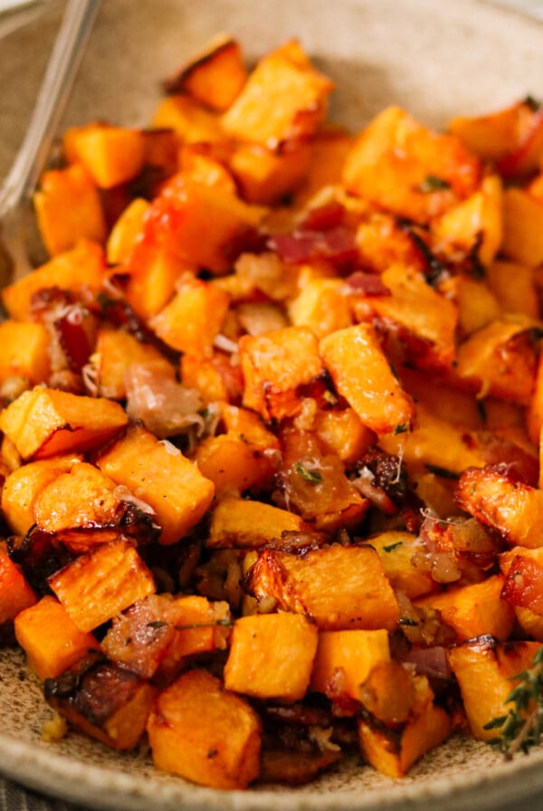 air fryer butternut squash in a white bowl