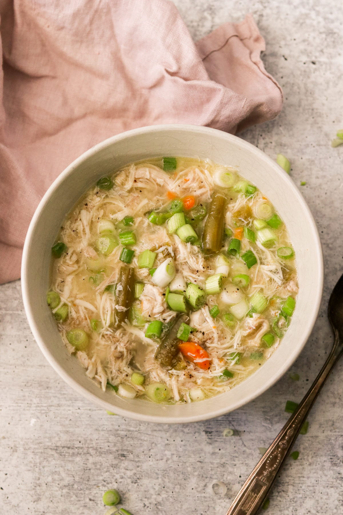 instant pot chicken soup in a bowl topped with green onions