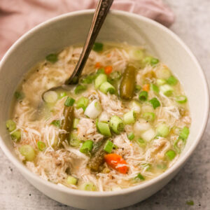instant pot chicken soup in a white bowl