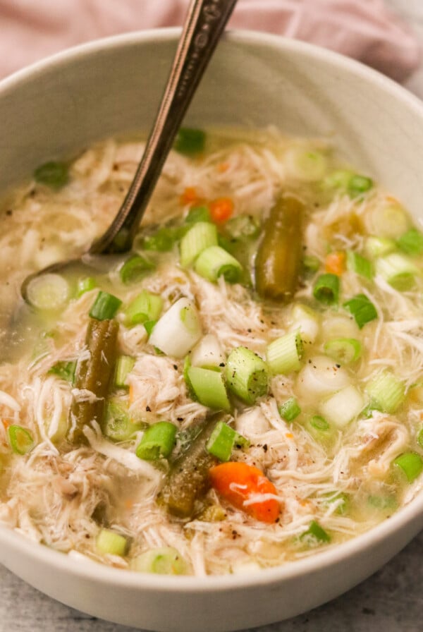 instant pot chicken soup in a white bowl