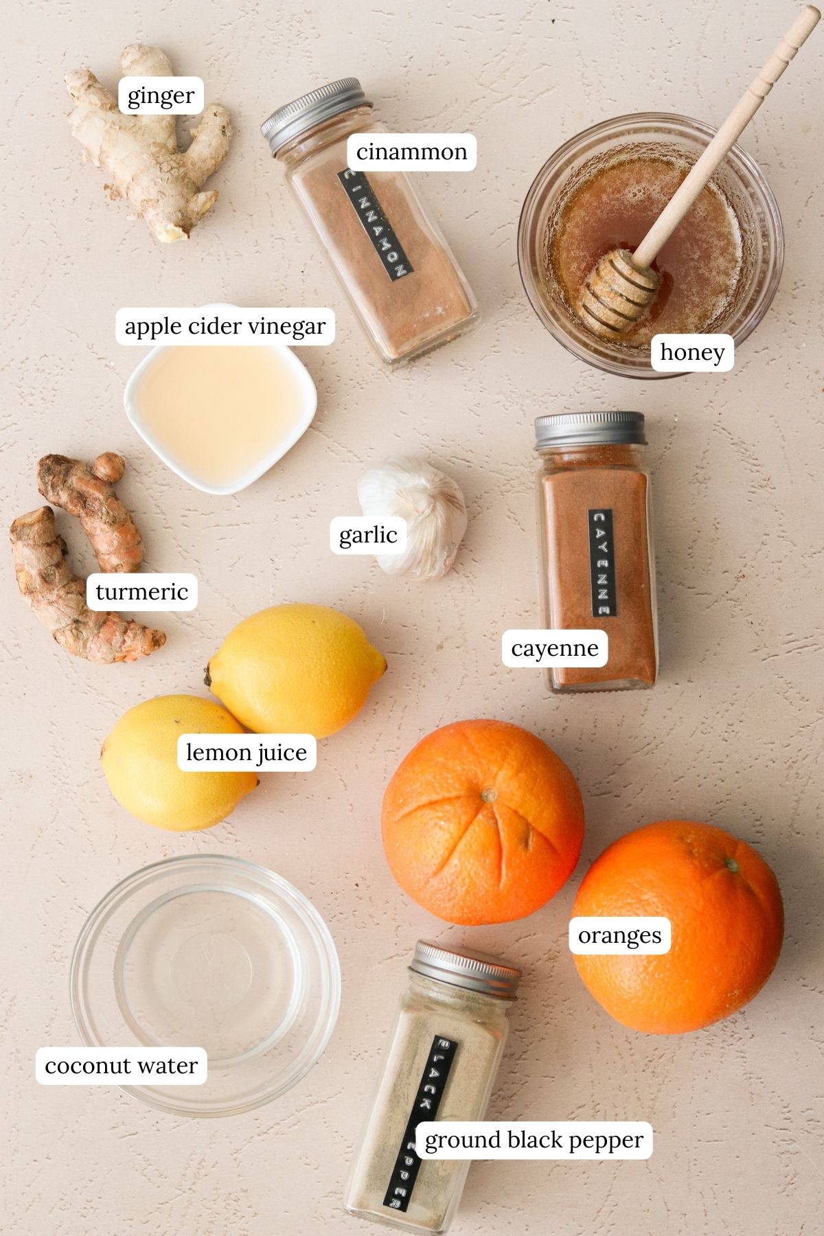 recipe ingredients in small bowls and labeled