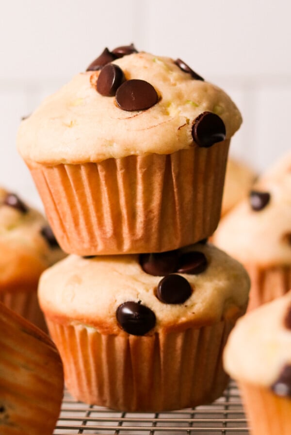 pancake mix muffins stacked on top of each other