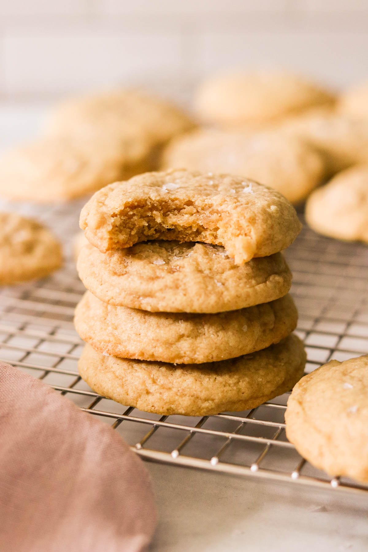 a close of up chocolate chipless cookies stacked