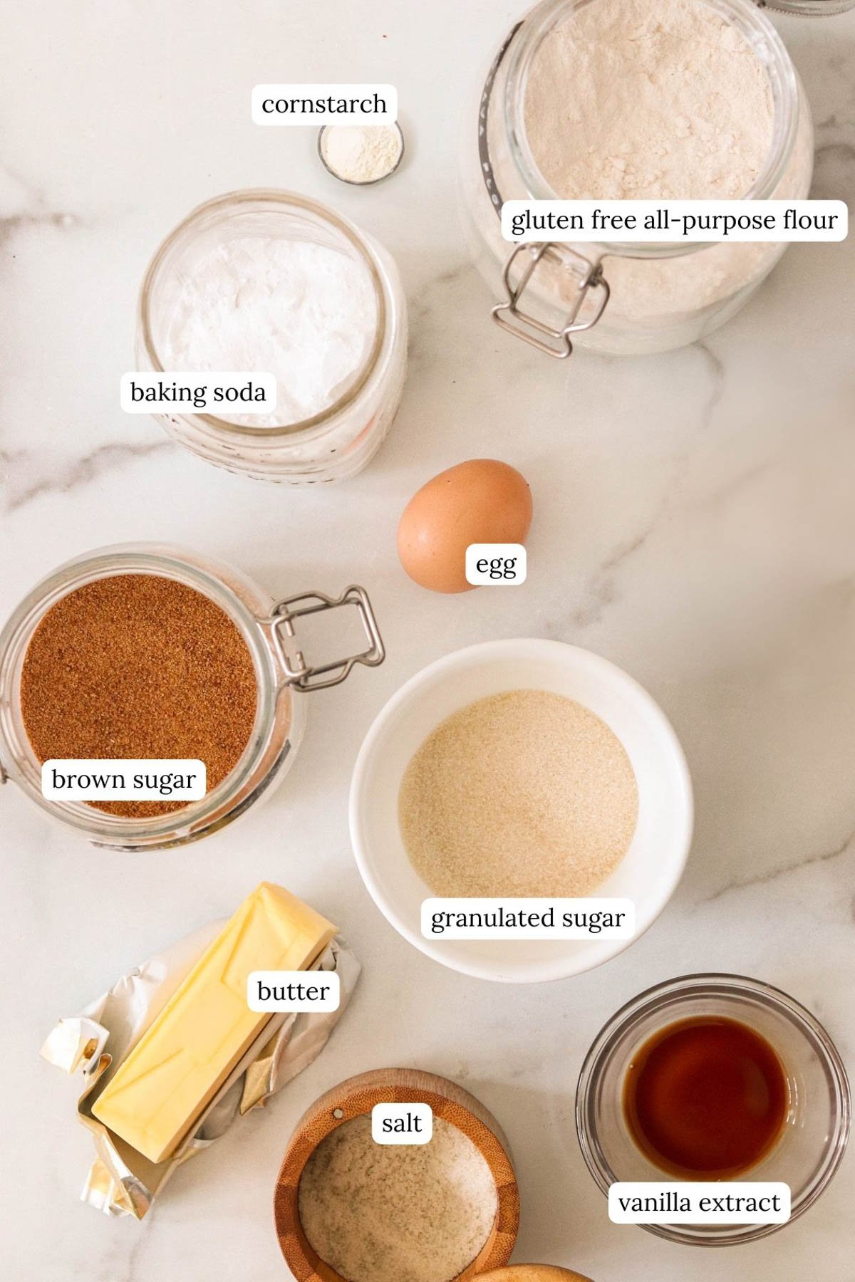 recipe ingredients in small bowls and labeled