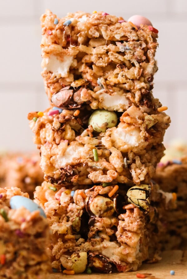 Easter rice krispie treats stacked on top of each other