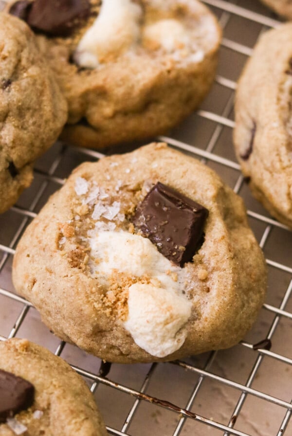 s'mores cookies on a wire cooling rack