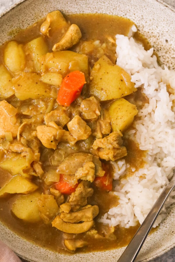 an overhead shot of japanese curry in a white bowl with rice