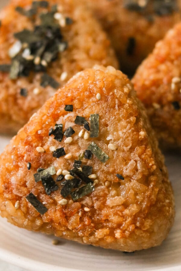 crispy yaki onigiri on a plate