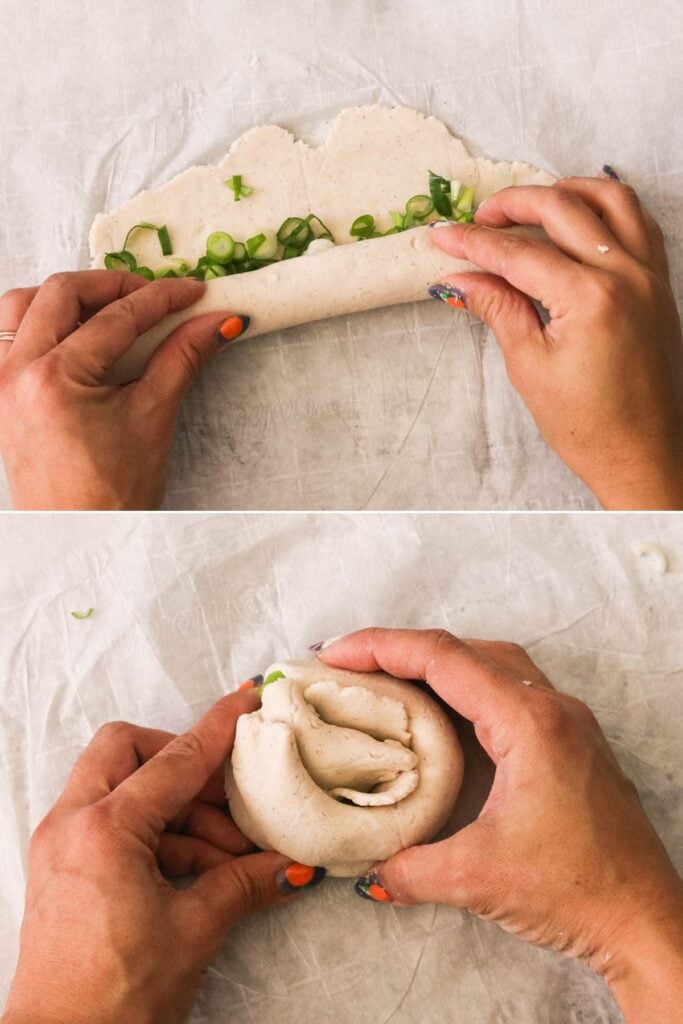 rolling dough with scallions 