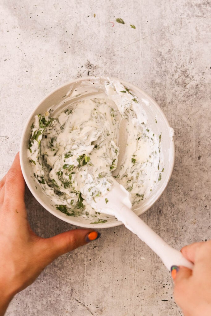 mixing yogurt dipping sauce ingredients 