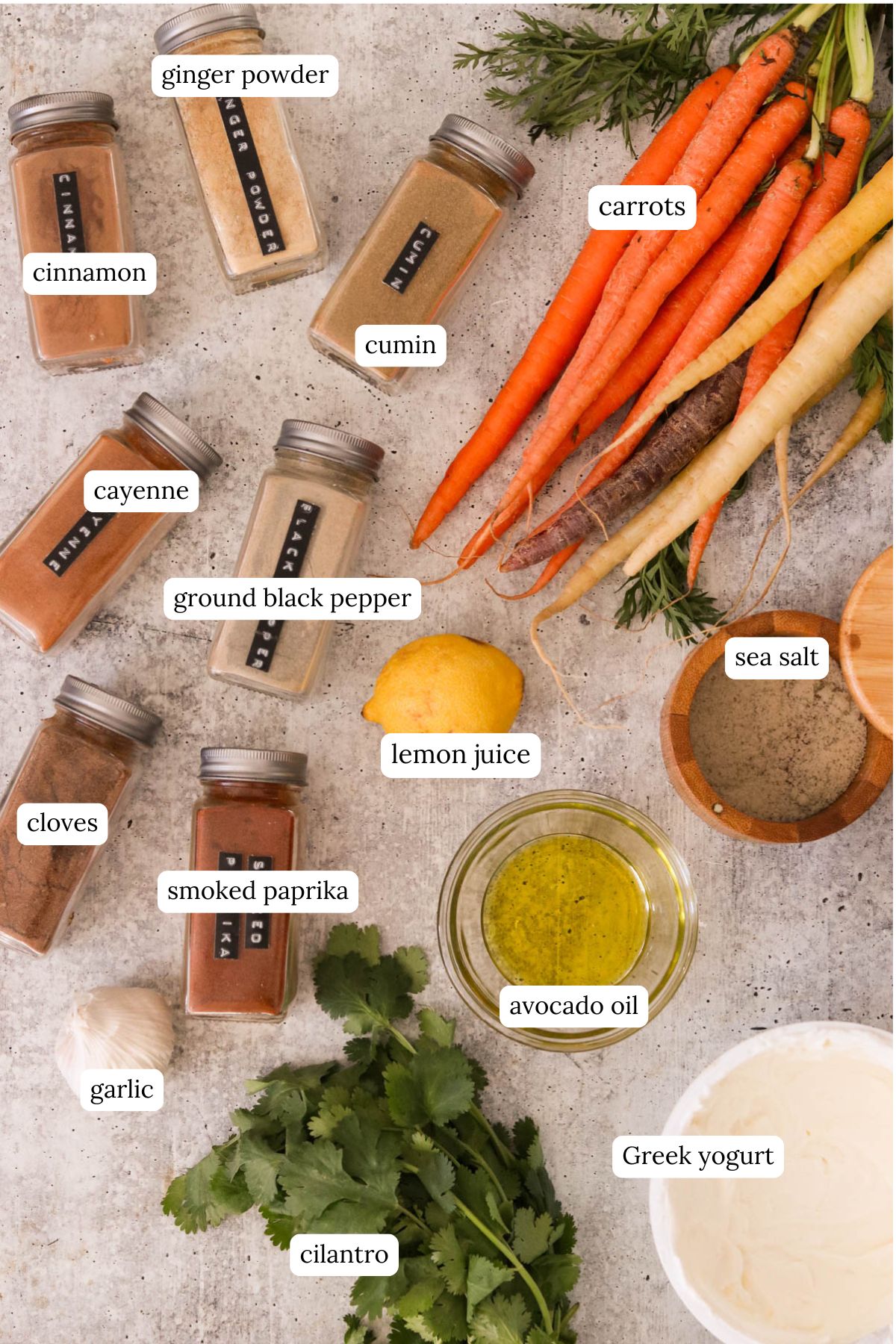 recipe ingredients in small bowls and labeled 