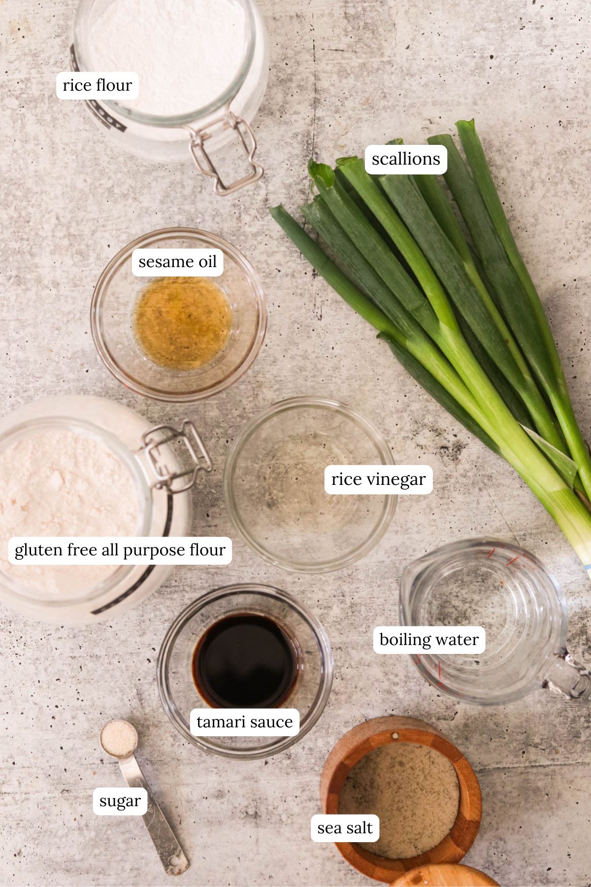 recipe ingredients in small bowls and labeled 