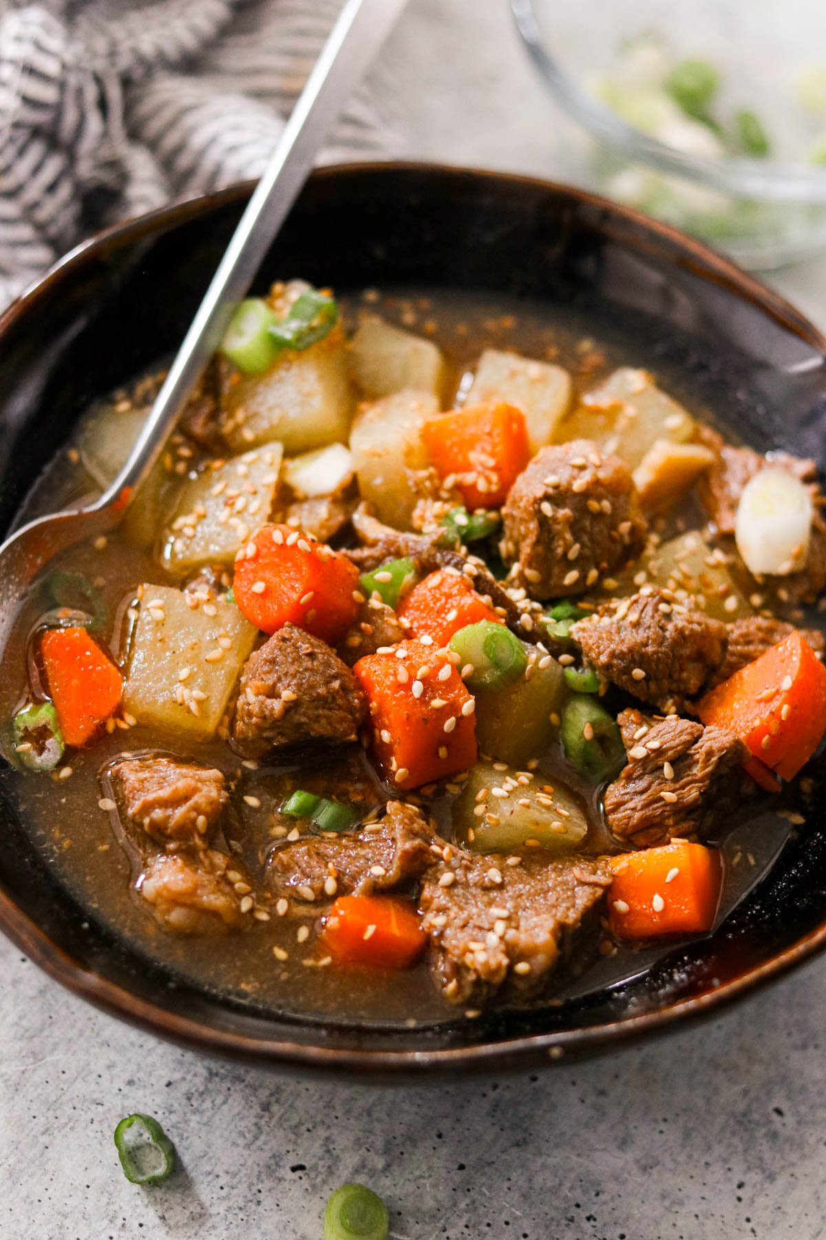 A bowl of Asian beef stew topped with sesame seeds and green onions, with a spoon resting on the side.