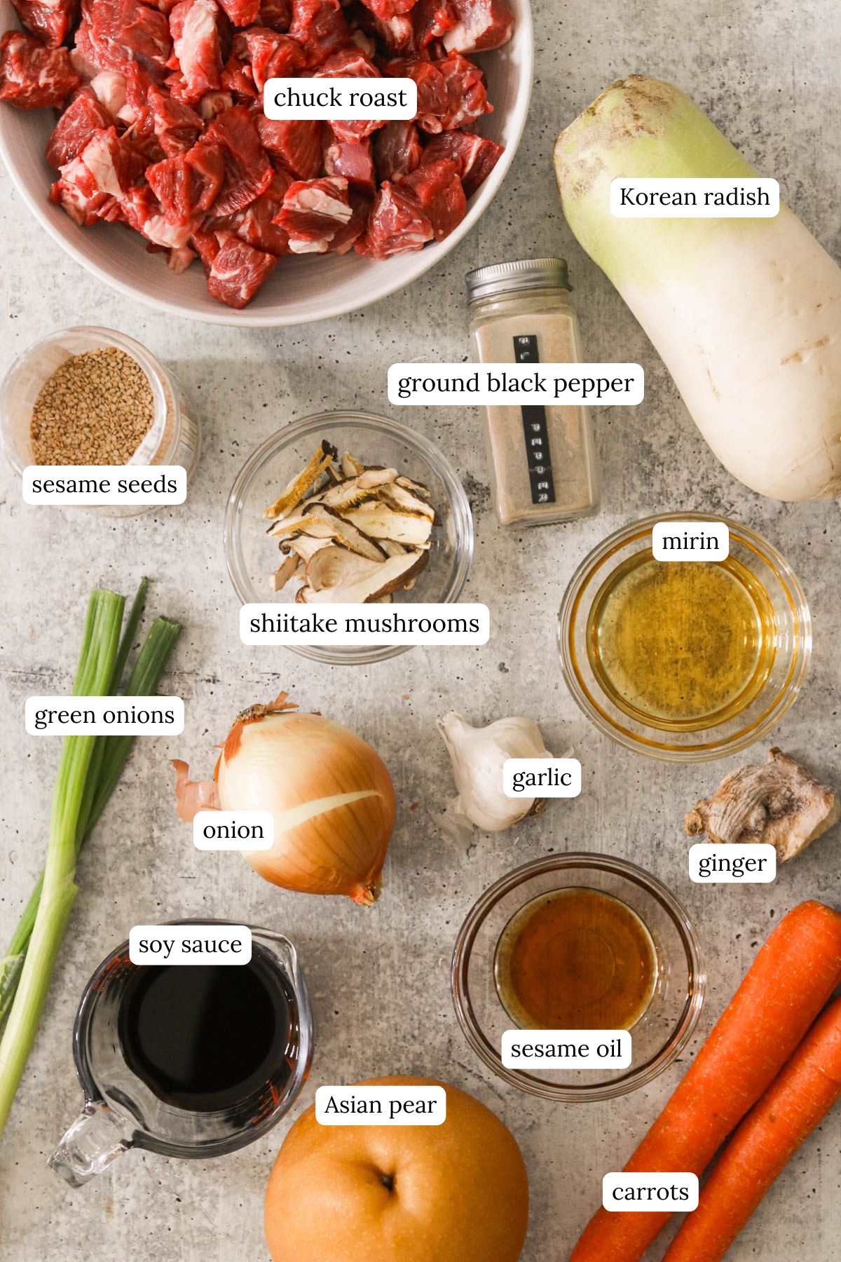 Ingredients for Asian beef stew, including cubed beef, carrots, daikon radish, garlic, ginger, soy sauce, sesame oil, and green onions, laid out on a kitchen counter.