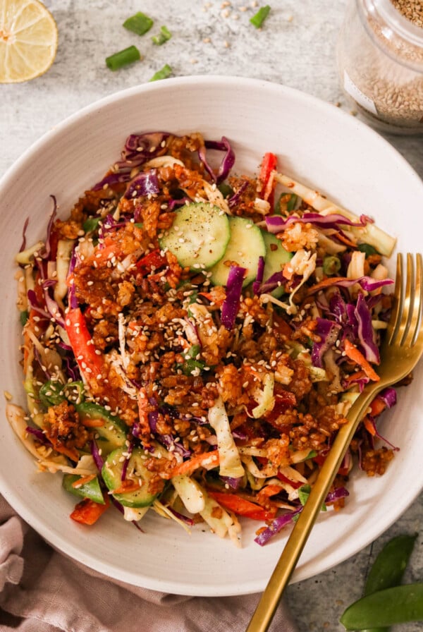 A vibrant crispy rice salad in a white bowl featuring shredded red and green cabbage, cucumber slices, red bell pepper, and crispy rice crumbles, topped with sesame seeds. A gold fork lies on the side. A jar of sesame seeds and a cut limes are nearby.