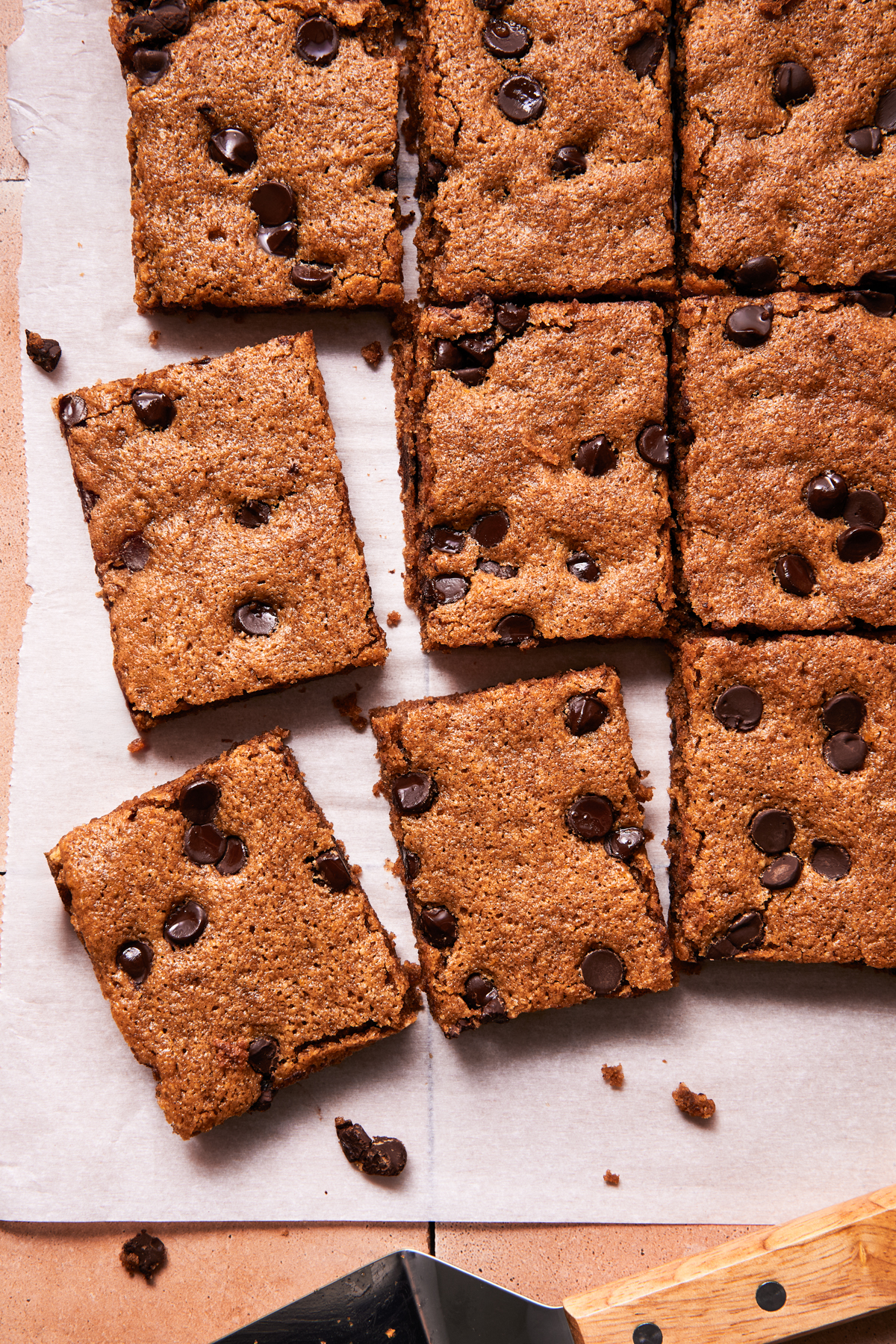 Close-up of freshly baked gluten-free blondies with golden edges