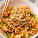 Overhead view of bang bang chicken salad in a bowl