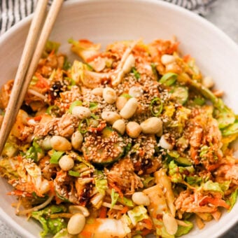 Overhead view of bang bang chicken salad in a bowl