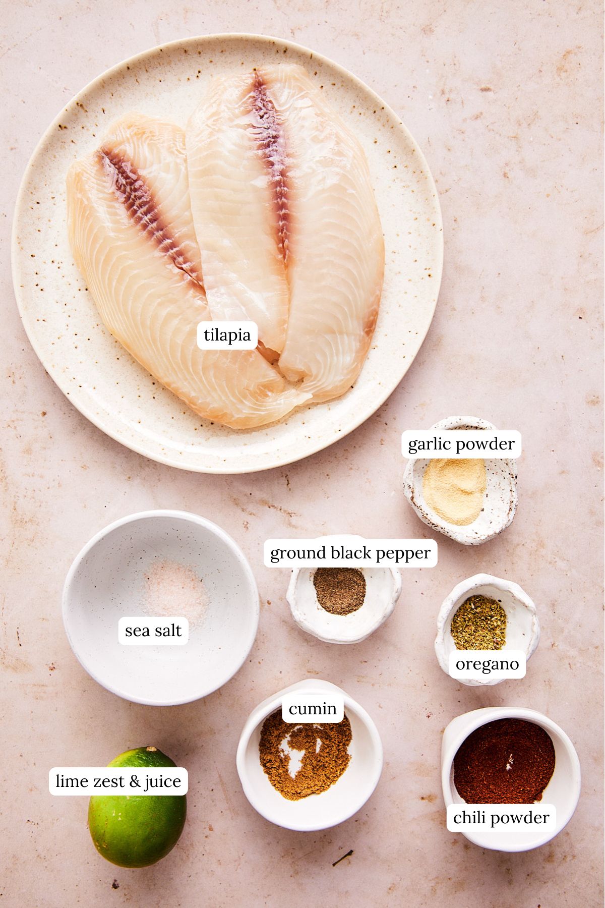 flat lay of air fryer tilapia ingredients labeled. 