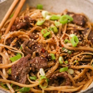 Bowl of Mongolian beef and noodles with green onions and sesame seeds on top