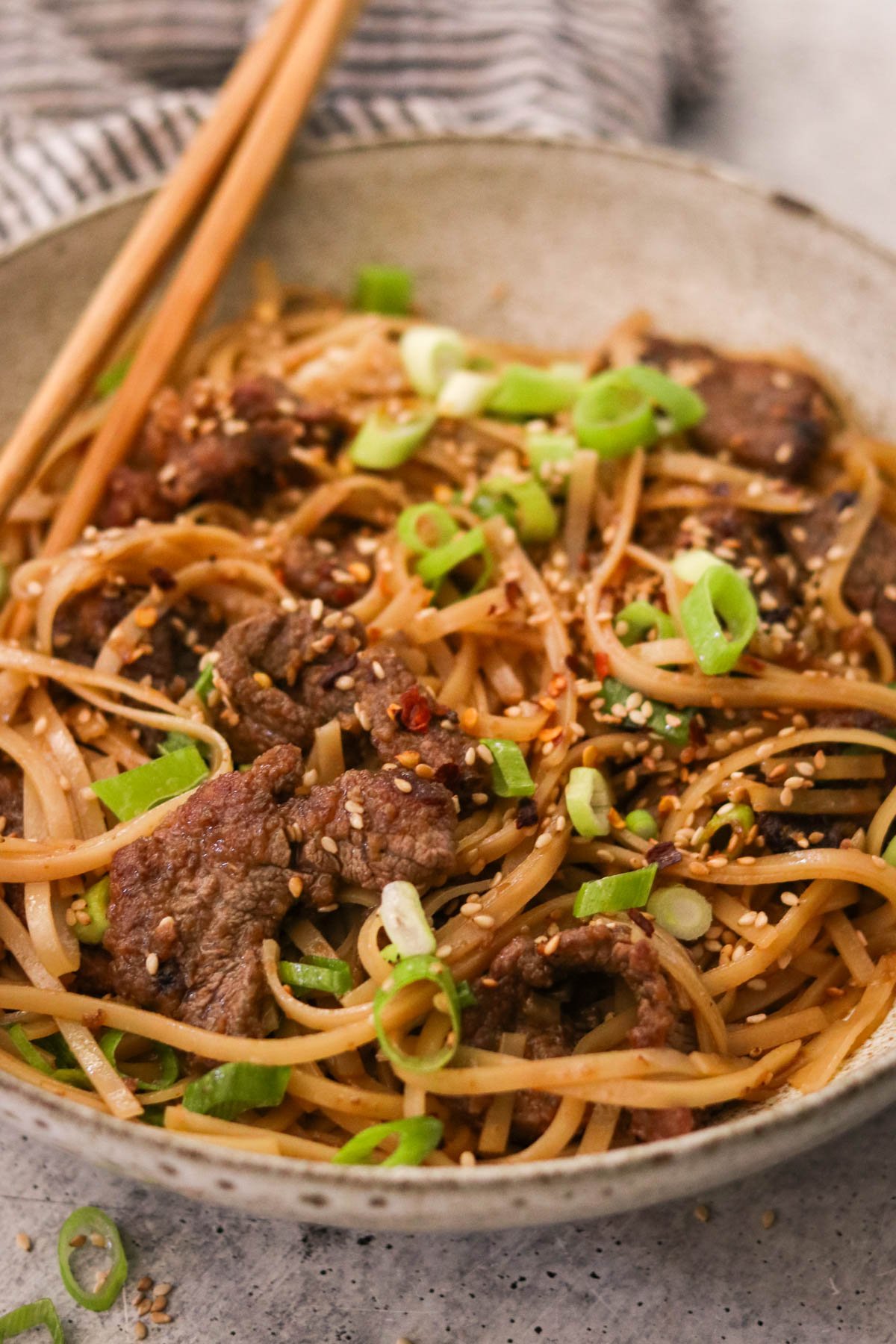Bowl of Mongolian beef and noodles with green onions and sesame seeds on top