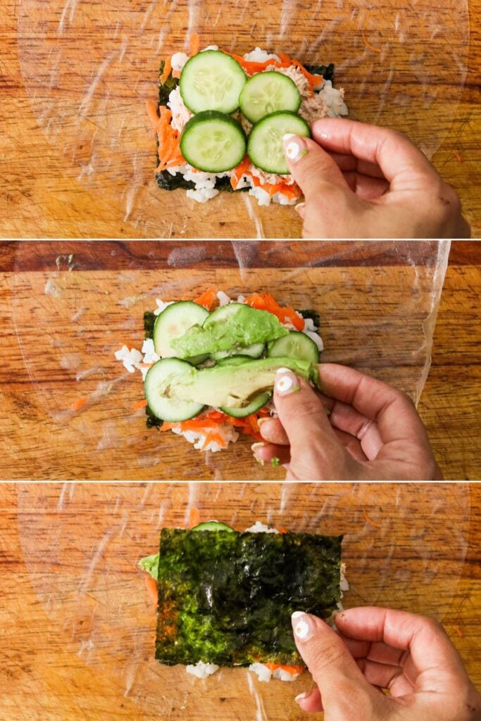 rice paper layered with nori, sushi rice, tuna, carrots, cucumber, and avocado slices