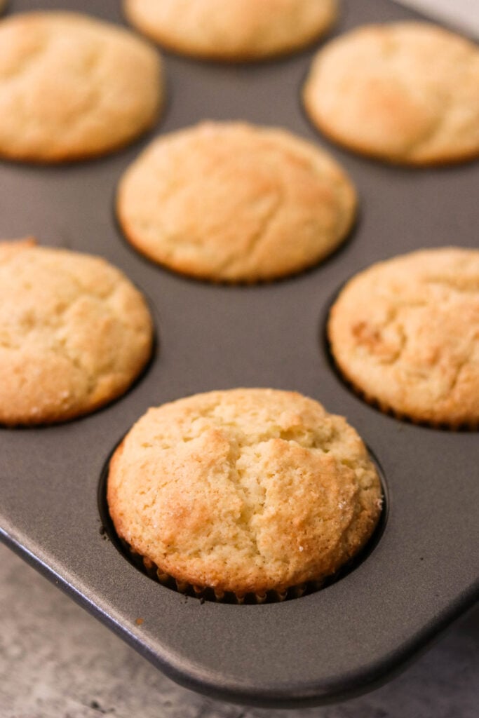 Baked lemon muffins cooling in the tin before transferring to rack

