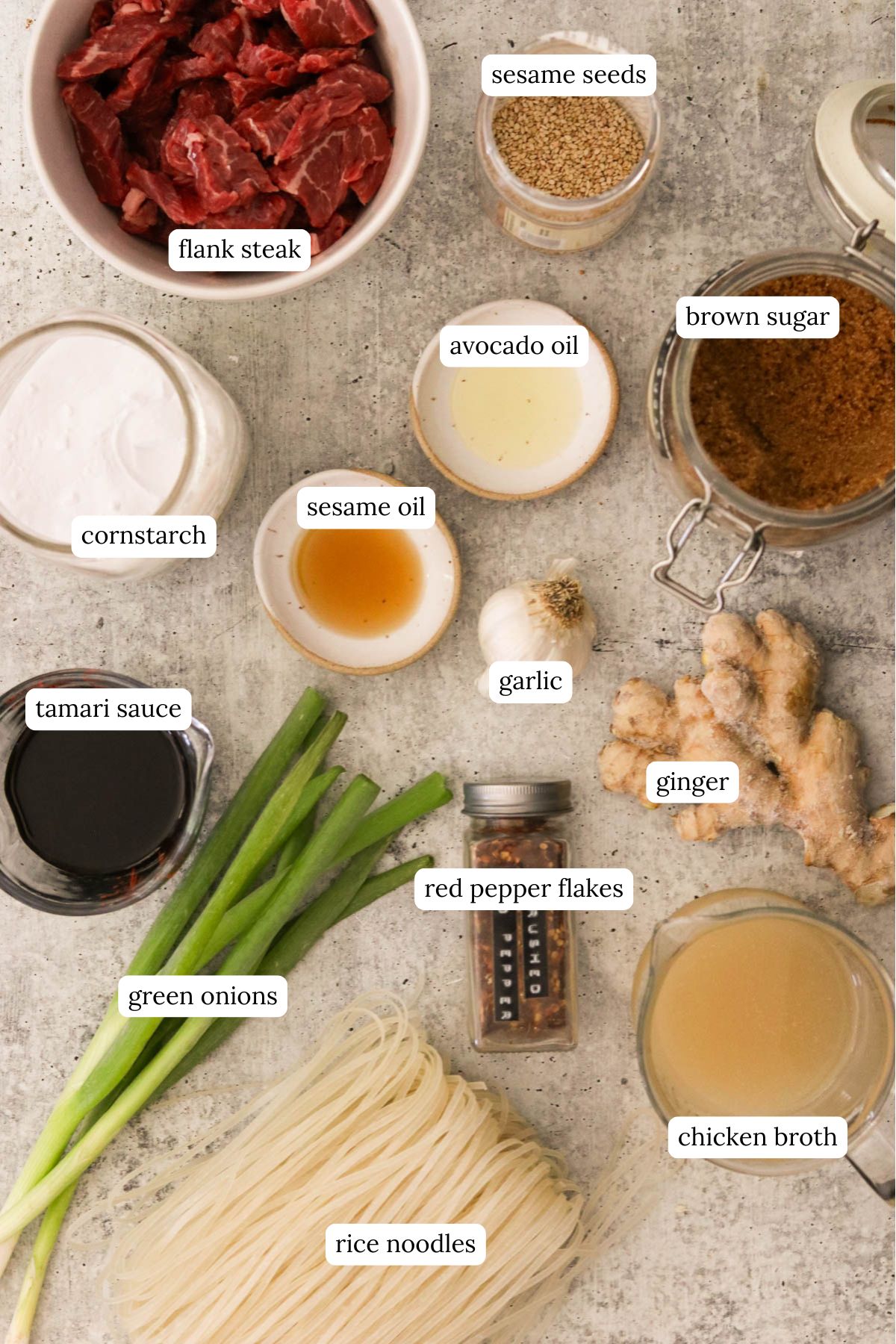 Flat lay of ingredients for Mongolian beef noodles, including flank steak, noodles, and sauces