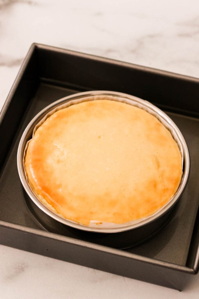 this easy cheesecake recipe baked and out of the oven