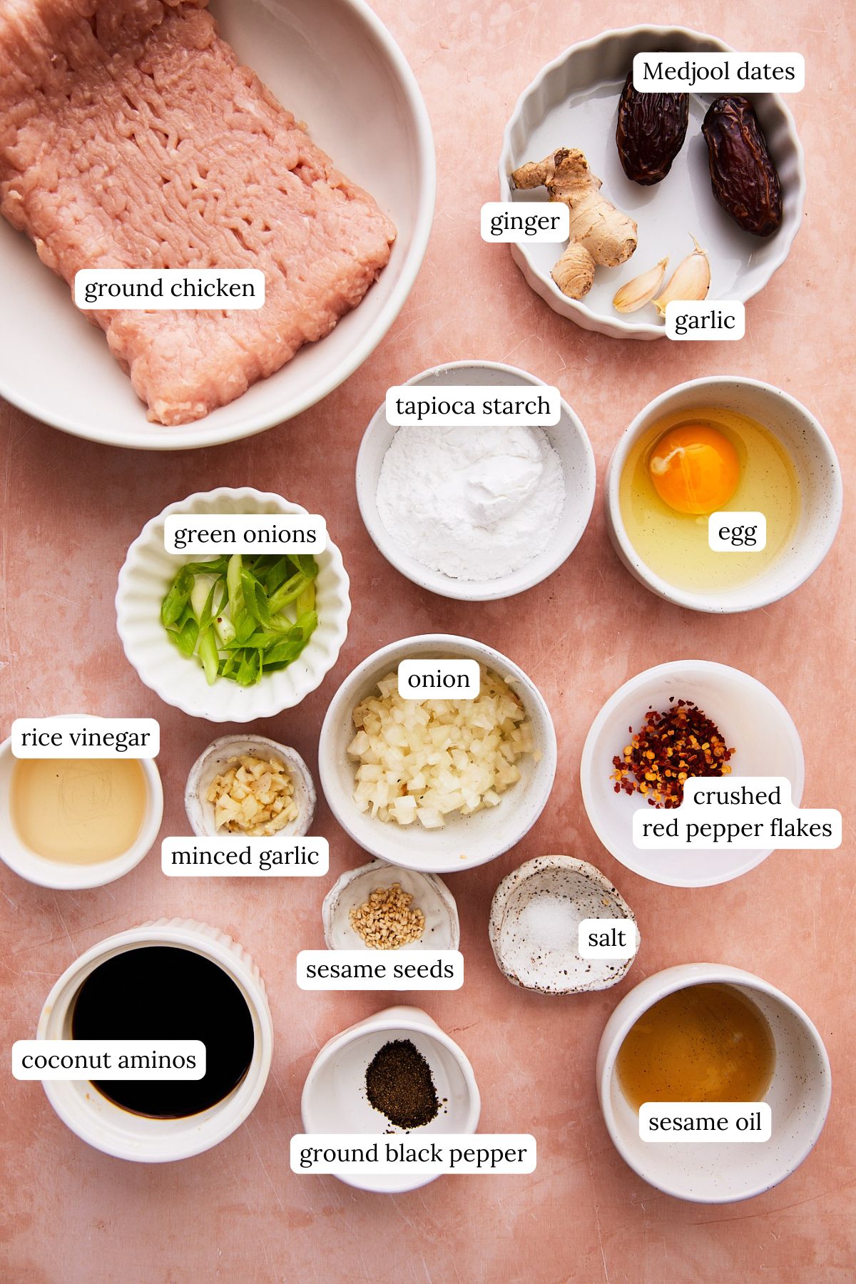 recipe ingredients for sticky asian meatballs in small bowls and labeled, including ground chicken, egg, garlic, onion, and more. 