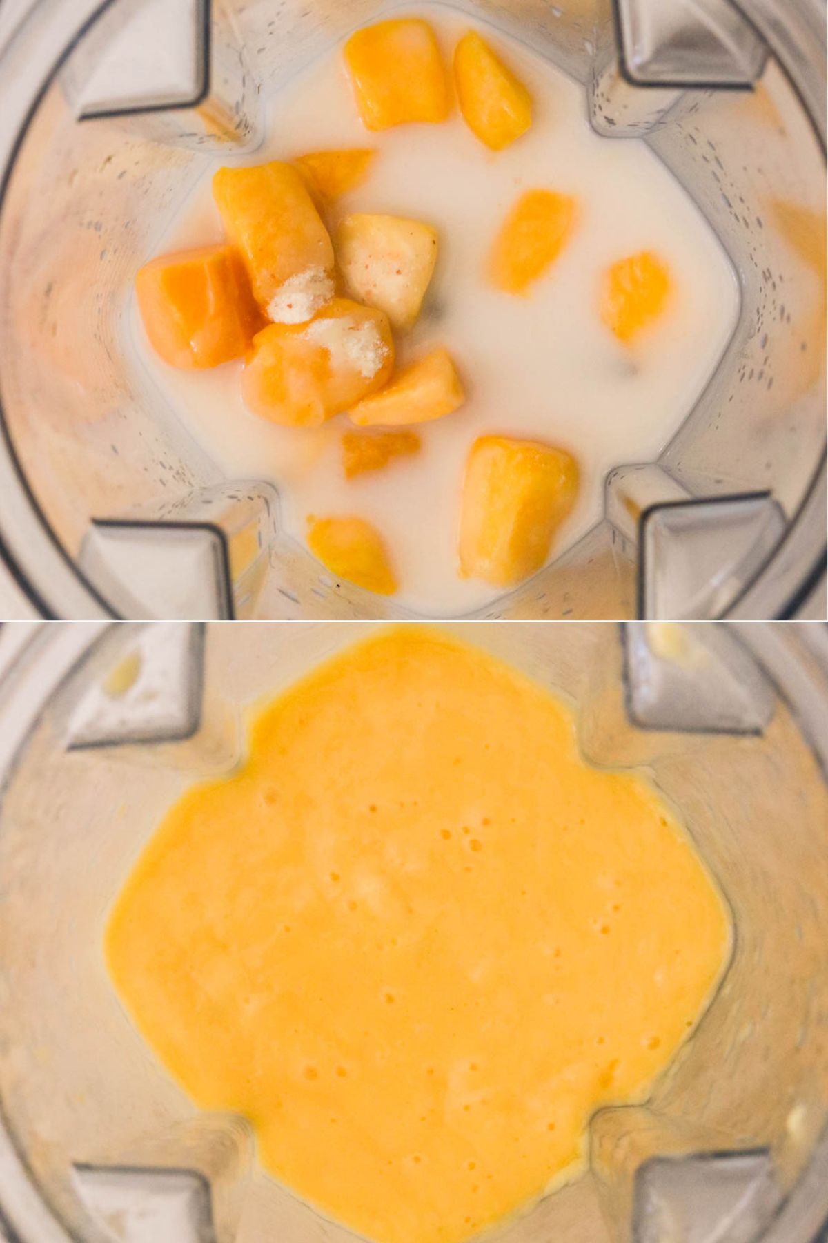Side-by-side photos of a blender with mango chunks, rice milk, collagen, condensed coconut milk, and sea salt before and after blending for a mango sticky rice smoothie.