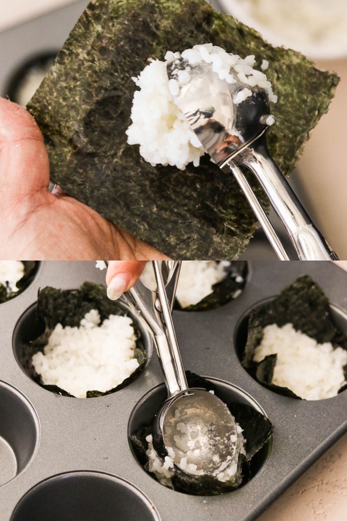 Nori squares pressed into a muffin tin with sticky rice forming the base of sushi cups.