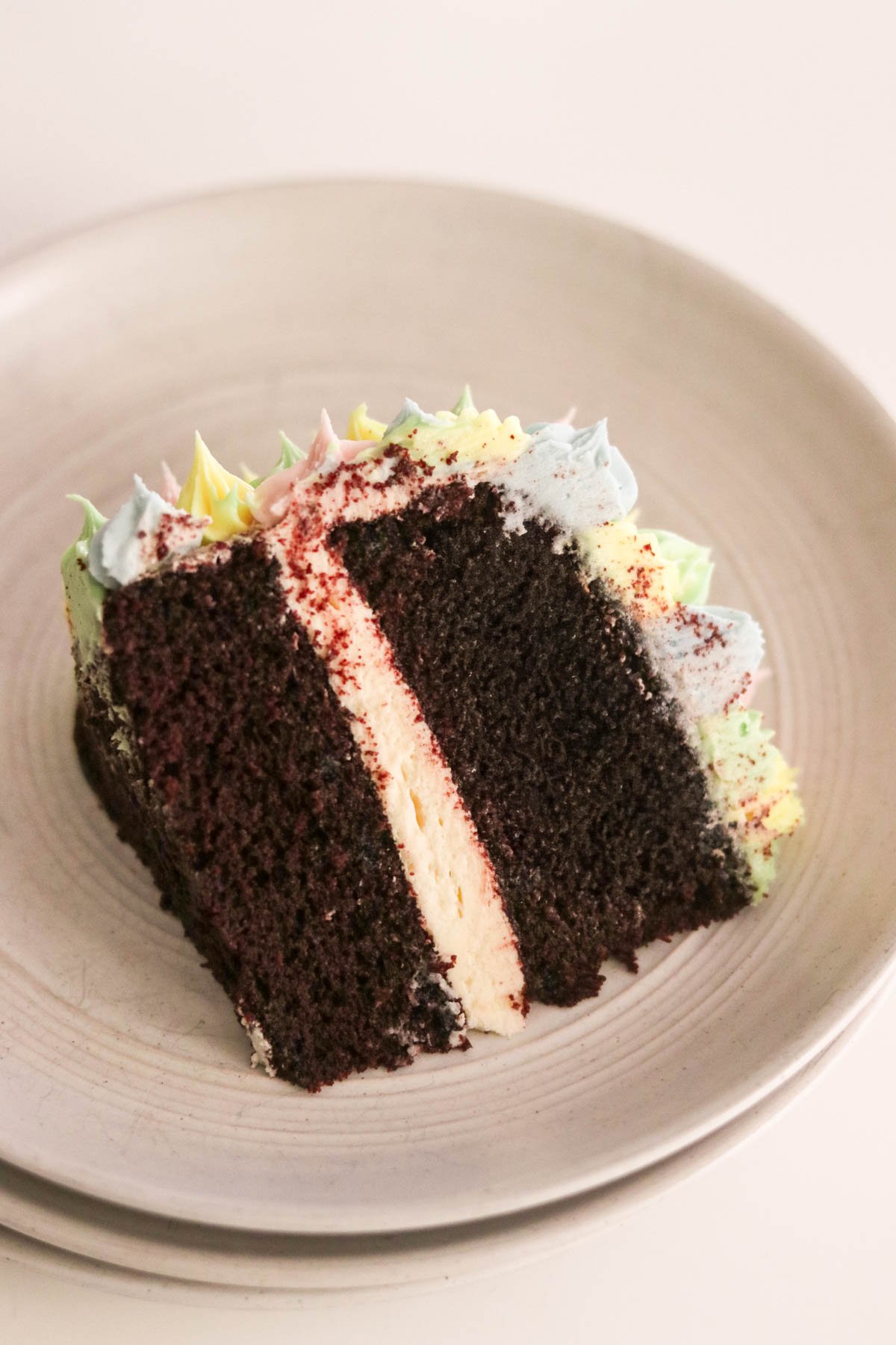 A slice of chocolate cake on a white plate