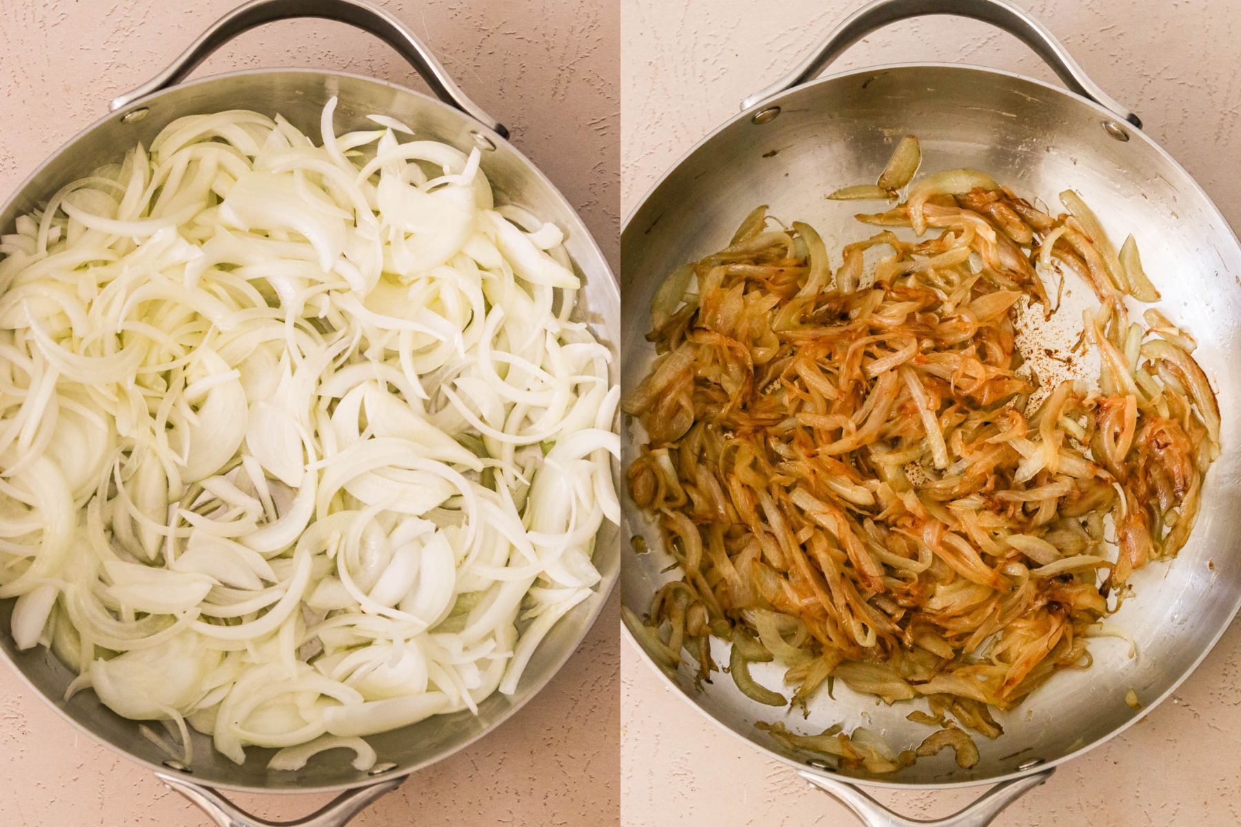 Onions slowly caramelizing in a skillet until soft, golden, and jammy.
