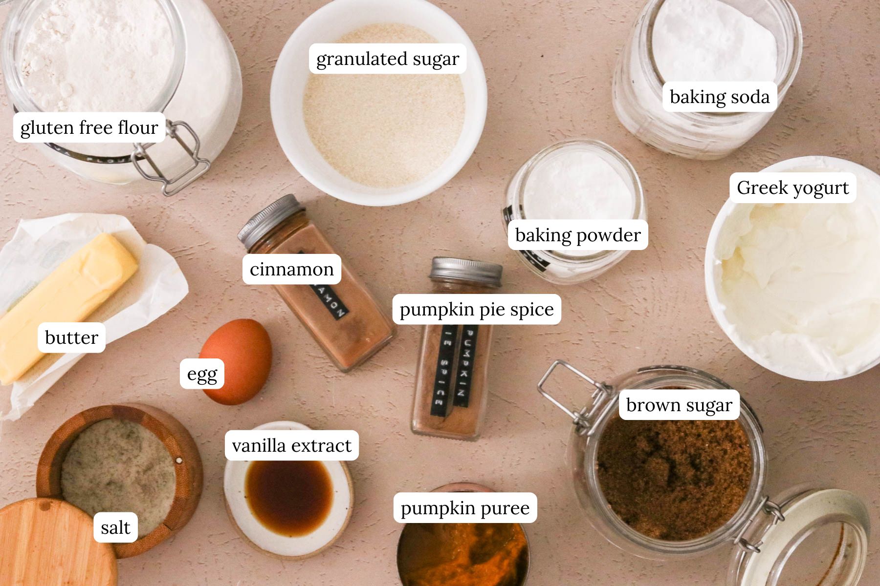 Ingredients for gluten-free pumpkin coffee cake including pumpkin puree, flour, spices, and butter.