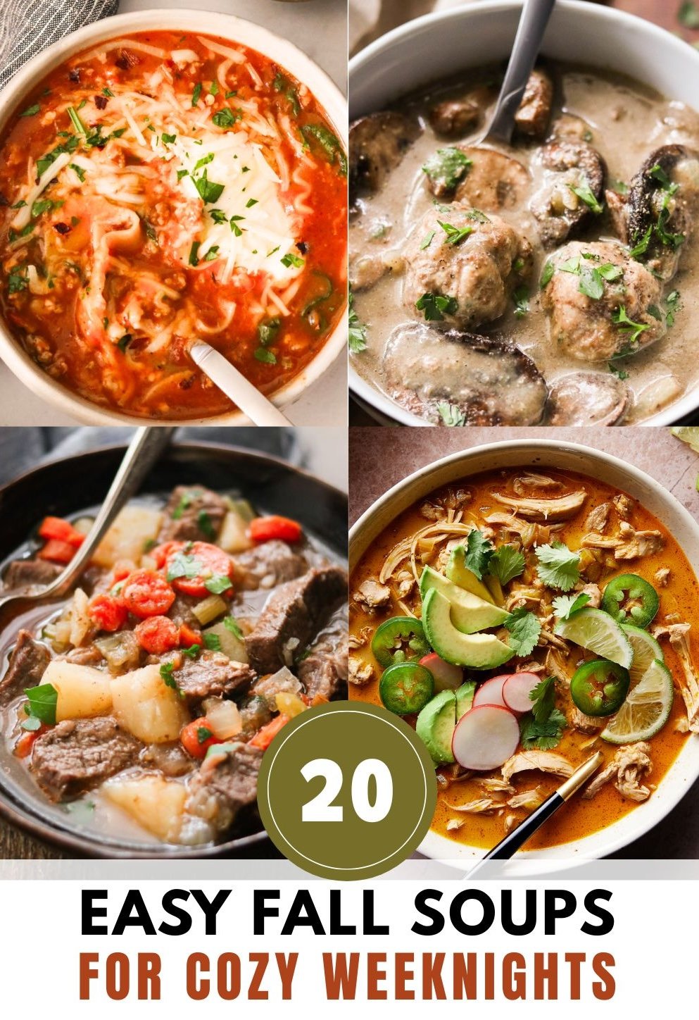 A collage of cozy soups with text "Easy Fall Soups for Cozy Weeknights"