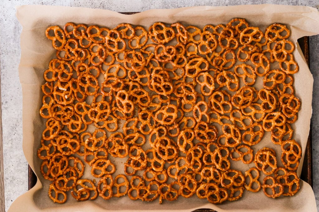 pretzels on a parchment lined baking sheet