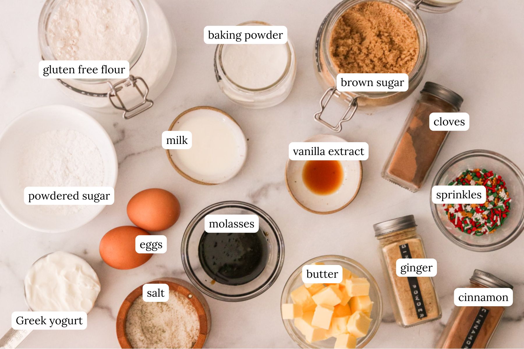 Ingredients for gingerbread scones labeled and laid out on a white countertop.