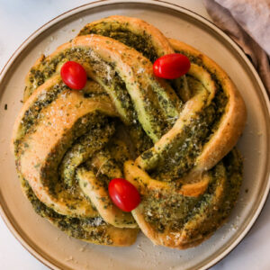 christmas wreath bread twisted with homemade pesto