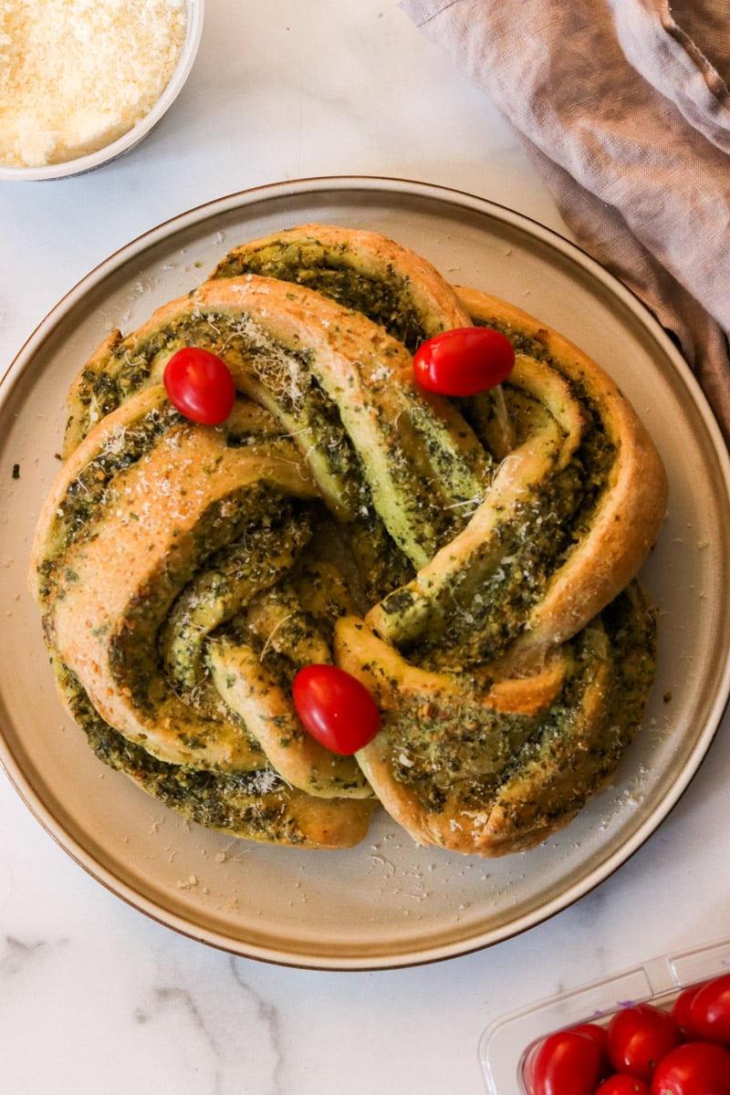 christmas wreath bread twisted with homemade pesto