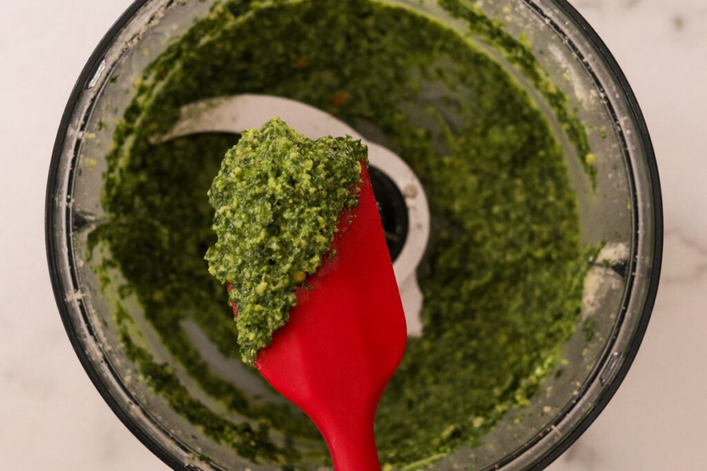 homemade pesto blended in a food processor